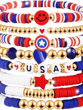 8PCS Red White and Blue Patriotic Bracelets - Stretchable Style for 4th of July
